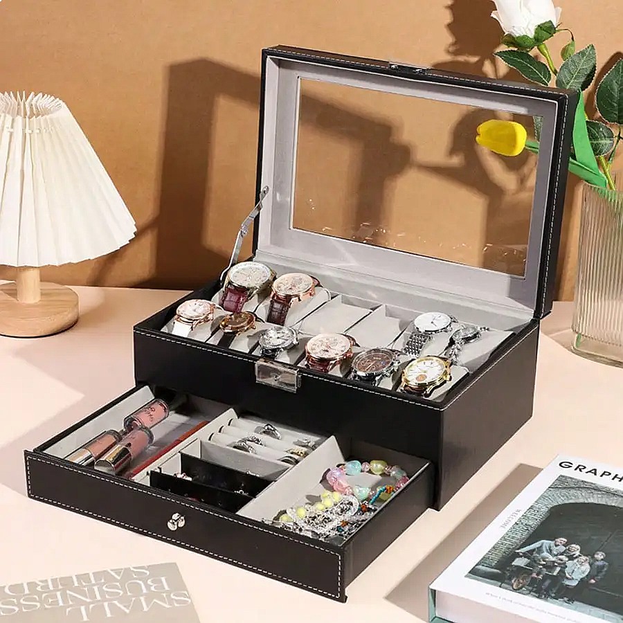12-Slot Watch Box with Drawer, - Jewelry Box Organizer Watches recension och pris